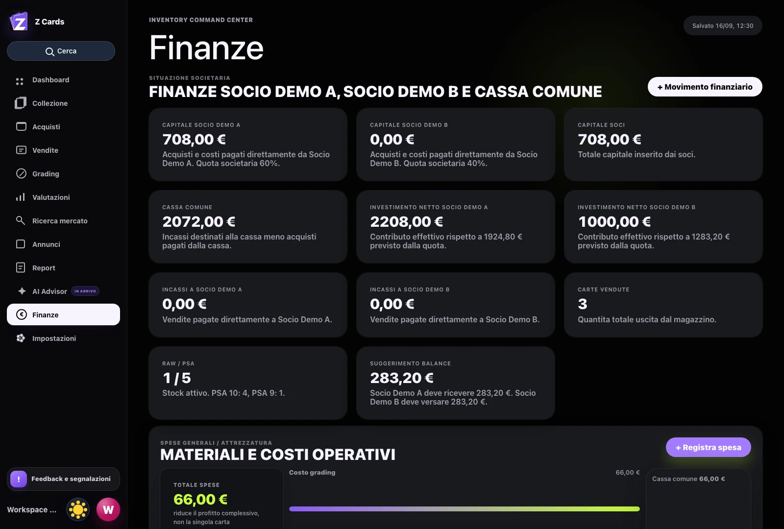 Finanze reali Z Cards: capitale dei soci, cassa comune e riequilibrio con dati dimostrativi